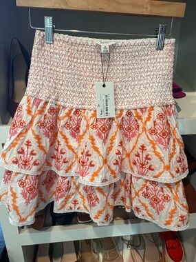 Smocked White Mini Skirt with Pink & Orange Embroidery